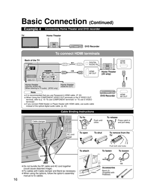 Page 1616
To connect HDMI terminals
VIDEO
DIGITALAUDIO
OUT
AUDIO
INAUDIO
IN
2 1AV  I N
Basic Connection (Continued)
Example 4Connecting Home Theater and DVD recorder
Home Theater
DVD Recorder TV
DIGITAL
AUDIO IN
DVD RecorderHome Theater
(AV amp)
HDMI
AV OUTHDMI
AV IN
HDMI
AV OUT
• It is recommended that you use Panasonic’s HDMI cable. (P. 32)
• When Using the COMPONENT VIDEO OUT terminals or the S VIDEO OUT 
terminal, refer to p. 15 “To use COMPONENT terminals” or “To use S VIDEO 
terminals”.
• If you connect...