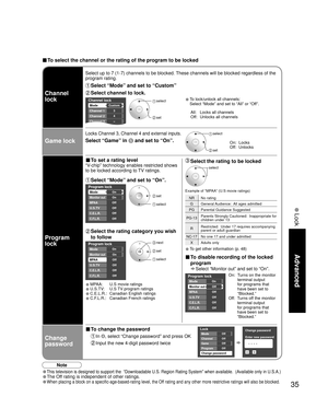 Page 3535
Advanced
 Lock
Channel lock
Mode
Channel 1
Channel 2
Channel 3
Custom
3
4
-
Program lock
Monitor out
U.S.TV
On
Off
Off
C.E.L.R.
C.F.L.R.
Off
Off
ModeOn
MPAA
Program lock
Monitor out
U.S.TV
Off
Off
Off
C.E.L.R.
C.F.L.R.
Off
Off
ModeOn
MPAA
Change password
Enter new password
0
9
- ----
LockMode
Channel
Game
Program
Off
Off
Off
Off
Change password
■ To change the password
 In , select “Change password” and press OK
 Input the new 4-digit password twice
■ To select the channel or the rating of the program...