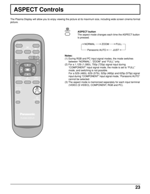 Page 2323
ASPECT Controls
The Plasma Display will allow you to enjoy viewing the picture at its maximum size, including wide screen cinema format
picture.
PLASMA DISPLAY
INPUT
SURROUND
VOL
NR
PICTURE
SOUNDSET UP
ASPECT PICTURE
POS. /SIZE
OFF TIMER
PC
ASPECT
ASPECT button
The aspect mode changes each time the ASPECT button
is pressed.
NORMAL          ZOOM          FULL
Panasonic AUTO          JUST
ASPECT
Notes:
(1) During RGB and PC input signal modes, the mode switches
between “NORMAL”, “ZOOM” and “FULL” only....