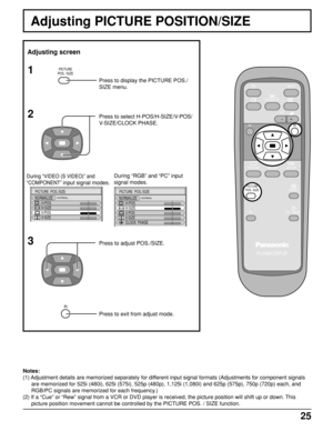 Page 2525
Adjusting PICTURE POSITION/SIZE
PLASMA DISPLAY
INPUT
SURROUND
VOL
NR
PICTURE
SOUNDSET UP
ASPECT PICTURE
POS. /SIZE
OFF TIMER
PC
PICTURE
POS. /SIZE
R
Adjusting screen
PICTURE
POS. /SIZE
Press to display the PICTURE POS./
SIZE menu.
NORMAL
PICTURE  POS./SIZE
NORMALIZE
H-POS
H-SIZE
V-POS
V-SIZE
Press to adjust POS./SIZE.
Notes:
(1) Adjustment details are memorized separately for different input signal formats (Adjustments for component signals
are memorized for 525i (480i), 625i (575i), 525p (480p),...