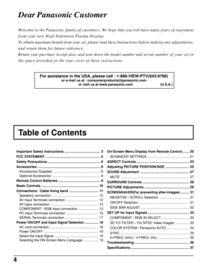 Page 44
Table of Contents
Important Safety Instructions ...................................... 3
FCC STATEMENT .......................................................... 5
Safety Precautions ........................................................ 6
Accessories ................................................................... 8
Accessories Supplied ................................................... 8
Optional Accessories ................................................... 8
Remote Control Batteries...