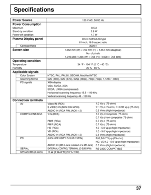 Page 3737
Power Source
Power Consumption
Maximum
Stand-by condition
Power off condition
Plasma Display panel
Contrast Ratio
Screen size
Operating condition
Temperature
Humidity
Applicable signals
Color System
Scanning format
PC signals
Connection terminals
AV
COMPONENT/RGB
PC
SERIAL
SPEAKERS (6 ohm)120 V AC, 50/60 Hz
8.5 A
2.8 W
1.7 W
Drive method AC type
61-inch, 16:9 aspect ratio
3000:1
1,352 mm (W) × 760 mm (H) × 1,551 mm (diagonal)
No. of pixels
1,049,088 (1,366 (W) × 768 (H)) [4,098 ×  768 dots]
34 °F -...