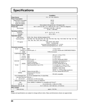 Page 2020
Speciﬁ cations
TH-65PB1U
Power Source  110 - 127 V AC, 50/60 Hz
Power Consumption Rated Power Consumption 555 W
Stand-by condition 0.4 W
Power off condition 0.2 W
Plasma Display panel Drive method : AC type 65-inch, 16:9 aspect ratio
Screen size 56.4” (1,434 mm) (W) × 31.7” (806 mm) (H) × 64.7”\
 (1,645 mm) (diagonal)
(No.of pixels) 2,073,600 (1,920 (W) × 1,080 (H))
[5,760 × 1,080 dots]
Operating condition Temperature 32 °F - 104 °F (0 °C - 40 °C)
Humidity 20 % - 80 %
Applicable signals Color System...