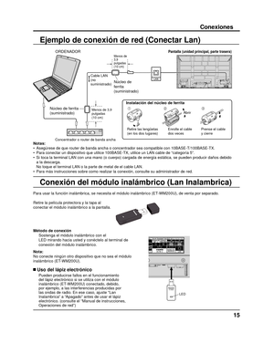 Page 1515
Ejemplo de conexión de red (Conectar Lan)
Conexiones
Para usar la función inalámbrica, se necesita el módulo inalámbrico (ET-WM200U), de venta por separado.
Retire la película protectora y la tapa al 
conectar el módulo inalámbrico a la pantalla.
Método de conexiónSostenga el módulo inalámbrico con el 
LED mirando hacia usted y conéctelo al terminal de 
conexión del módulo inalámbrico.
Nota:
No conecte ningún otro dispositivo que no sea el módulo 
inalámbrico (ET-WM200U).
 Uso del lápiz electrónico...