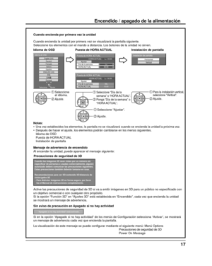 Page 1717
HorizontalVertical
Instalación de pantalla
10:00Ma
Puesta de HORA  ACTUALHORA ACTUAL     Lu  99:99
Ajustar
HORA ACTUAL Día de la semana
99:99Lu
Puesta de HORA  ACTUALHORA ACTUAL      Lu  99:99
Ajustar
HORA ACTUAL
Día de la semanaEnglish (UK) Deutsch
Français Italiano
Español
ENGLISH (US)
РусскийIdioma de OSD
Ajustar
Seleccionar
Cuando encienda por primera vez la unidad
Cuando encienda la unidad por primera vez se visualizará la pantalla \
siguiente.
Seleccione los elementos con el mando a distancia....