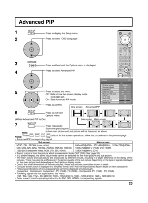 Page 2323
Advanced PIP
1
2
3
5Press to display the Setup menu.
Press to select “OSD Language”.
Press and hold until the Options menu is displayed.
Press to select Advanced PIP.
Press to adjust the menu.
Off : Sets normal two screen display mode
        (see page 22).
On : Sets Advanced PIP mode.
Press to conﬁ rm.
Press to exit from 
Options menu.
4
6
Notes:
•  Advanced PIP corresponding signalOne screen  Advanced PIP
Main screen Sub screen
•  Sound output is from the picture which is selected in Audio OUT (PIP)...