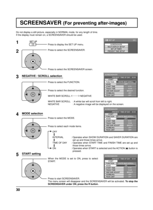 Page 3030
Do not display a still picture, especially in NORMAL mode, for any length of time.
If the display must remain on, a SCREENSAVER should be used.
NEGATIVE / SCROLL selection
2
3 1
4
Press to display the SET UP menu.
Press to select the SCREENSAVER.
Press to select the SCREENSAVER screen.
Press to select the FUNCTION.
Press to select the desired function.
WHITE BAR SCROLL   NEGATIVE 
WHITE BAR SCROLL  : A white bar will scroll from left to right.
NEGATIVE    : A negative image will be displayed on the...