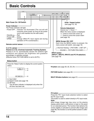 Page 1414
R       STANDBY
G       POWER ONINPUT MENUENTER+VOL
Basic Controls
Enter / Aspect button
(see page 16, 19)
INPUT button
(INPUT1, INPUT2, INPUT3 and PC IN selection)
(see page 18) Main Power On / Off Switch
Power Indicator
The Power Indicator will light.
• Power-OFF ...Indicator not illuminated (The unit will still
consume some power as long as the power
cord is still inserted into the wall outlet.)
• Standby 
..... Red
• Power-ON ..... Green
• DPMS ...........Orange (With PC input signal and during...