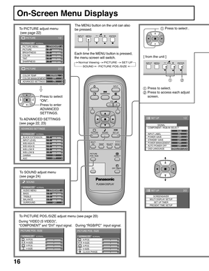 Page 1616
PLASMA DISPLAY
INPUT
SURROUND
VOL
NR
PICTURE
SOUNDSET UP
ASPECT PICTURE
POS. /SIZE
OFF TIMER
PC
MULTI
PIPSWAPSELECTZOOM
MOVE
On-Screen Menu Displays
1 Press to select .
INPUT MENU ENTER–+VOL
The MENU button on the unit can also
be pressed.
Each time the MENU button is pressed,
the menu screen will switch.
1 Press to select.
2 Press to access each adjust
screen. [ from the unit ]
1/2
25
0
0
0
3
PICTURE
NORMAL
BRIGHTNESS
SHARPNESS COLOR
TINT
NORMALIZESTANDARD
PICTURE MENU
PICTURE
2/2
ADVANCED SETTINGS...