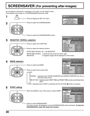 Page 2828
SCREENSAVER (For preventing after-images)
Press to display the SET UP menu.
Press to select the SCREENSAVER.
Press to select the SCREENSAVER screen.
Press to select the FUNCTION.
Press to select the desired function.
Press to select the MODE.
Press to select each mode items. Do not display a still picture, especially in 4:3 mode, for any length of time.
If the display must remain on, a SCREENSAVER should be used.
MODE selection
NEGATIVE / SCROLL selection
WHITE BAR SCROLL : A white bar will scroll...