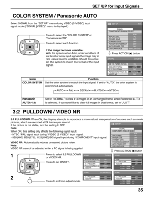 Page 3535
SET UP for Input Signals
COLOR SYSTEM / Panasonic AUTO
Select SIGNAL from the “SET UP” menu during VIDEO (S VIDEO) input
signal mode.(“SIGNAL [VIDEO]” menu is displayed.)
Press to select the “COLOR SYSTEM” or
“Panasonic AUTO”.
Press to select each function.
If the image becomes unstable:
With the system set on Auto, under conditions of
low level or noisy input signals the image may in
rare cases become unstable. Should this occur,
set the system to match the format of the input
signal.
Mode
COLOR...