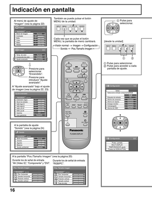 Page 1616
PLASMA DISPLAY
INPUT
SURROUND
VOL
NR
PICTURE
SOUNDSET UP
ASPECT PICTURE
POS. /SIZE
OFF TIMER
PC
MULTI
PIPSWAPSELECTZOOM
MOVE
Indicación en pantalla
1 Pulse para
seleccionar.
INPUT MENU ENTER–+VOL
[ from the unit ]
1/2
NormalNormal
25
0
0
0
3
Imagen
Normalizar
Brillo
Nitidez Color Contraste
Matiz Modo de Imagen
2/2
Ajuste avanzado Temp. de color
Corrección de colorNormal
ApagadoEncendido
Imagen
Ajuste avanzado
NormalNormalizar
0
0
0
0
0
02.2
Apagado W/B Low B Extensión negro
W/B High B
W/B Low R
Auto...