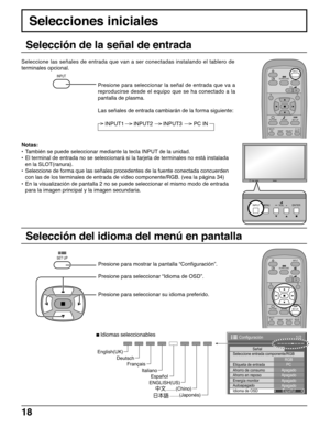 Page 1818
Selección del idioma del menú en pantalla
Selección de la señal de entrada
Presione para mostrar la pantalla “Configuración”.
Presione para seleccionar su idioma preferido.
 Idiomas seleccionables Presione para seleccionar “Idioma de OSD”.
SET UP
.......(Japonés) .......(Chino) Italiano Français Deutsch English(UK)
Español
ENGLISH(US)
1/2
Señal
PC
ApagadoAhorro en reposoApagado
Apagado
Apagado
Idioma de OSDEspañol Seleccione entrada componente/RGB
RGB
Etiqueta de entrada
Ahorro de consumo...