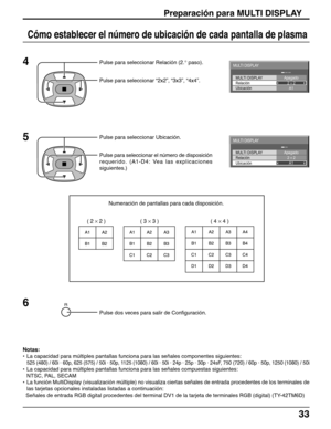 Page 3333
Preparación para MULTI DISPLAY
Pulse para seleccionar Relación (2.° paso).
Pulse para seleccionar “2x2”, “3x3”, “4x4”.
Cómo establecer el número de ubicación de cada pantalla de plasma
Pulse para seleccionar Ubicación.
Pulse para seleccionar el número de disposición
requerido. (A1-D4: Vea las explicaciones
siguientes.)
Numeración de pantallas para cada disposición.
Pulse dos veces para salir de Configuración.
Notas:
•La capacidad para múltiples pantallas funciona para las señales componentes...