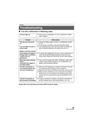 Page 2929(ENG) SQT0885
∫It is not a malfunction in following cases
Please refer to the operating instructions (PDF format) for det ails.
Others
Troubleshooting
The lens fogs up.≥This is due to condensation. It i s not a malfunction. Please 
refer to page 8.
ProblemCheck points
This unit cannot be turned 
on.
This unit does not stay on 
long enough.
Battery runs down quickly. ≥
Charge the battery again to ensure it is sufficiently charged. 
(l 13)
≥ In cold places, the battery u sing time becomes shorter.
≥ If...