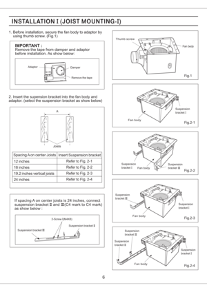 Page 61. Before installation, secure the fan body to adaptor by
using thumb screw. (Fig.1)
Remove the tape
IMPORTANT :
Adaptor
Remove the tape from damper and adaptor
before installation. As show below:
Damper
2-Screw (M4X8)I
Suspension bracketIIISuspension bracketII
6
Fig.1
Suspension
bracketI
Suspension
bracketIII
Suspension
bracketISuspension
bracketIII
Suspension
bracketI
Fig.2-1
Fig.2-2
Fig.2-3
Fig.2-4Fan body
Fan body
Fan body
Fan body
Suspension
bracketI
Suspension
bracketIII
Suspension
bracketII
Fan...