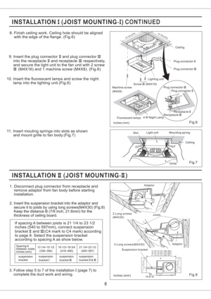 Page 83. Follow step 5 to 7 of the installation (page 7) to
complete the duct work and wiring.I
8
9. Insert the plug connector and plug connector
into the receptacle and receptacle respectively,
and secure the light unit to the fan unit with 2 screw
(M4X16) and 1 machine screw (M4X8). (Fig.6)II III
II III
III
10. Insert the fluorescent lamps and screw the night
lamp into the lighting unit.(Fig.6)
11. Insert mouting springs into slots as shown
and mount grille to fan body.(Fig.7)
Fig.6
Plug connectorII
Plug...