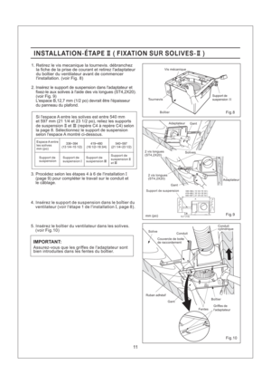 Page 11INSTALLATION-ETAPE FIXATION SU SOLIVES-II II(R)INSTALLATION-ETAPE FIXATION SU SOLIVES-II II(R)
11
3. Procedez selon les etapes4a6delinstallation
(page 9) pour completer le travail sur le conduit et
le cablage.I
1. Retirez le vis mecanique la tournevis. debranchez
la fiche de la prise de courant et retirez ladaptateur
du boitier du ventilateur avant de commencer
linstallation. (voir Fig. 8)
Assurez-vous que les griffes de ladaptateur sont
bien introduites dans les fentes du boitier.
IMPORTANT:
4. Inserez...