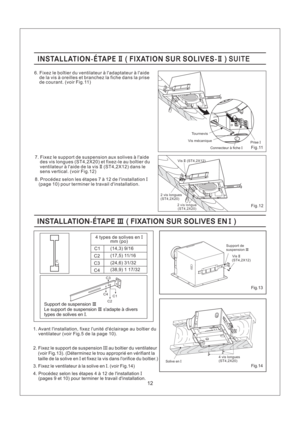 Page 1212
INSTALLATION-ETAPE FIXATION SU SOLIVES-II II( R ) SUITEINSTALLATION-ETAPE FIXATION SU SOLIVES-II II( R ) SUITE
8. Procedez selon les etapes 7 a 12 de linstallation
(page 10) pour terminer le travail dinstallation.I
7. Fixez le support de suspension aux solives a laide
des vis longues (ST4,2X20) et fixez-le au boitier du
ventilateur a laide de la vis (ST4,2X12) dans le
sens vertical. (voir Fig.12)II
INSTALLATION-ETAPE FIXATION SU SOLIVES ENIII I(R )INSTALLATION-ETAPE FIXATION SU SOLIVES ENIII I(R )
C...