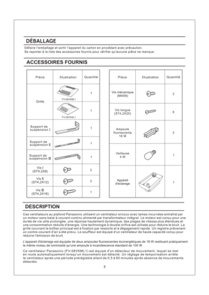 Page 3ACCESSOIRES FOURNIS
PieceIIIustrationQuantite
Vis
(ST4,2X8)I
Vis
(ST4,2X12)II
Support de
suspensionI
Support de
suspensionII
Support de
suspensionIII
21
1
1
2
1
2
2
1
1
16
FV-08VKML1
FV-08VKSL1
1
PieceIIIustrationQuantite
Grille
Vis
(ST4,2X16)IIIVis mecanique
(M4X8)
Ampoule
fluorescente
18 W
Veilleuse
4W Vis longue
(ST4,2X20)
DESCRIPTION
detectes.
le ventilateur apres une periode prereglable allant de 0,5 a 60 minutes apres absence de mouvements
Lappareil declairage est equipee de deux ampoules...