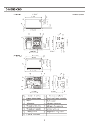 Page 3
Lampa ra fluo resc en te
Lampa ra de n oc he
Nom bre d e la  Parte Nom bre d e la  Parte 
Ada ptad or
Am or tig ua dor
Caj a d e c on exion
Rej illa
Uni da d v en tilac ion
Uni da d c al ef ac cion
Cue rpo de l ven tilad or
DIME NSIONS
Sop orte de S us pe nsion  
A gu jero s P repu nzon ados
Cal en tado r
 Unida d lu minos a
 Unidad: pulg (mm)
2
 1 /8  ( 5 4.8 )
14 ( 3 57.8 )
 18 1/8 (460)
2
 1 /2  ( 6 2)
11  7 /8  ( 3 01)13 1 /4  ( 3 37.8 )
 7 5/8 (195)
5 (128.7)
1
1  1 /4  ( 2 85.5 )
 18 1/8 (460)
7...