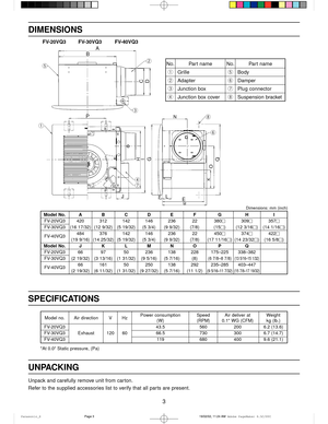 Page 33
Model no. Air direction V HzPower consumption Speed Air deliver at Weight(W) (RPM) 0.1" WG (CFM) kg (lb.)
FV-20VQ3 43.5 560 200 6.2 (13.6)
FV-30VQ3 Exhaust 120 60 66.5 730 300 6.7 (14.7)
FV-40VQ3 119 680 400 9.6 (21.1)
*At 0.0" Static pressure, (Pa)
DIMENSIONS
FV-20VQ3 FV-30VQ3 FV-40VQ3
No. Part name No. Part name
1Grille5Body
2Adapter6Damper
3Junction box7Plug connector
4Junction box cover8Suspension bracket
Dimensions: mm (inch)
Model No.ABCDE F G H I
FV-20VQ3 420 312 142 146 236 22...