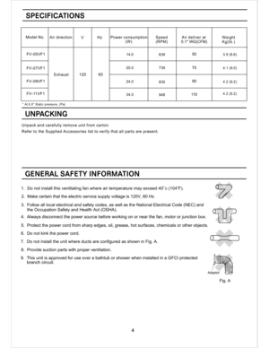 Page 4Adaptor
4.2 (9.2) 4.2 (9.2) 3.9 (8.6)
20.0
Hz
60V Air direction 
SPECIFICATIONSSPECIFICATIONS
GENERAL SAFETY INFORMATIONGENERAL SAFETY INFORMATION
UNPACKINGUNPACKING
Model No.
FV-05VF1
FV-07VF1
FV-09VF1
FV-11VF1Exhaust
120
(W)Power consumption
14.0
24.0
34.0
639
739
835
948
Speed
(RPM)Air deliver at
0.1 WG(CFM)
50
70
90
110
Weight
Kg(Ib.)
4.1 (9.0)
* At 0.0 Static pressure, (Pa)
Unpack and carefully remove unit from carton.
Refer to the Supplied Accessories list to verify that all parts are present.
o...