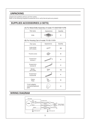 Page 3UNPACKING
Unpack and carefully remove unit from carton.
Refer to the following Supplied Accessories list to verify that all parts are present.
SUPPLIED ACCESSORIES SETS(4 )SUPPLIED ACCESSORIES SETS(4 )
(A) For Motor/Grille Assembly of model: FV-05/07/09/11VFB
Quantity Appearance Part name
Grille4
3
(B) For Housing Can of model: FV-05-11VFA
Part nameAppearance
Quantity
Long screw
(ST4.2X20)
Thumb screw
Suspension
bracketI
Suspension
bracketII
Screw
(ST4.2X6)
Suspension
bracketIII
Clamp
Plate
3 inch...