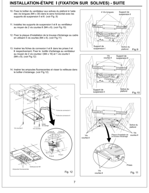Page 7Solive duplafond
Support de
suspensionII
Support de
suspensionIII
7
10. Fixez le boitier du ventilateur aux solives du plafond a l aide
des vis longues (M4 x 30) dans le sens horizontal avec les
supports de suspension et (voir Fig .9)II III .
11. Installez les supports de suspension et au ventilateurII III
au moyen de 2 vis courtes (M4 x 6). (voir Fig.10)III
12. Flxer la plaque d'installation de la trousse d'eclairage au cadre
en utilisant 4 vis courtes (M4 x 6). (voir Fig.11)
Fig. 12
Vis...