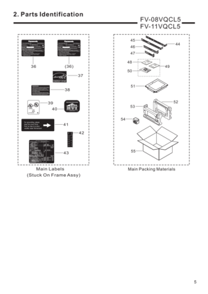 Page 6FV-08VQCL5
FV-11VQCL5
Main Labels
36
37
38
41 39
40
43
mmInch
60250
40
30
20
101_22
11_211_2
(Stuck On Frame Assy)
42
FAN
8B68
US
LISTEN
A375682G8C
44
45
50
49
48
51
53
52
55
46
47
Main Packing Materials
(36)
5
54
2. Parts Identification 