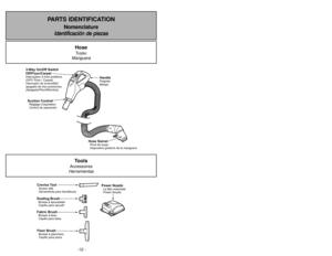 Page 12-12 -
- 45 -
PARTS IDENTIFICATION
Nomenclature
I Id
de
en
nt
ti
if
fi
ic
ca
ac
ci
ió
ón
n 
 d
de
e 
 p
pi
ie
ez
za
as
s
Hose SwivelPivot de tuyau
Dispositivo giratorio de la manguera
Suction ControlRéglage d’aspiration
Control de aspiración
HandlePoignée
Mango
3-Way On/Off Switch
Off/Floor/CarpetInterrupteuràtrois positions
(OFF/ Floor / Carpet)
Interruptor de encendido/
apagado de tres posiciones
(Apagado/Piso/Alfombra)
Crevice ToolSuceur plat
Herramienta para hendidurasDusting BrushCepillo para sacudir...