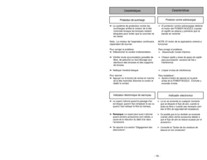 Page 19Caractéristiques
Características 
Protecteur de surcharge
Protector contra sobrecargas
➢El protector contra sobrecargas detiene
el motor del POWER NOZZLE cuando
el cepillo se atasca y previene que la
banda se reviente.
NOTA: El motor de la aspiradora volverá a
funcionar.Para corregir el problema:➢
Desenchufar Cordón Eléctrico
➢
Cheque cepillo y áreas de apoyo de cepillo
para acumulación  excesivo de hila o
interferencia.
➢
Limpiar el área de interferencia.
Para restablecer:
➢
Apreta el botón de reponer...