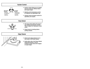 Page 20Suction ControlHose SwivelEdge Cleaner
➢ ➢
The hose swivel allows the hose to
turn without moving the canister.
This is helpful for cleaning in small
areas.
➢ ➢
Check hose for twisting before
pulling canister.
➢ ➢
Active brush edge cleaners are on
both sides of the Power Nozzle.
➢ ➢
Guide either side of the Power Nozzle
along base-boards or next to
furniture to help remove dirt trapped
at carpet edges. ➢ ➢
Suction control allows you to change
vacuum suction for different fabric
and carpet weight.
➢ ➢...