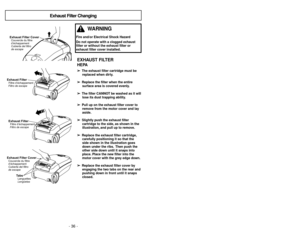 Page 36- 21 - - 36 -Régulateur d’aspiration
Tuyau pivotant
➢
El control de aspiración le permite cambiar la
potencia de aspiración de la aspiradora
dependiendo del grosor de la tela o alfombra.
➢
Abriendo el control reduce la aspiración
para cortinas y alfombras ligeros.
➢
Cerrando el control aumenta la aspiración
para tapicería y alfombras.
➢ ➢
Le régulateur d’aspiration permet de
changer l’aspiration pour différents types de
tapisseries ou de moquette.
➢ ➢
L’ouverture du régulateur diminue l’aspiration
pour...