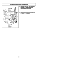 Page 20- 20 -- 33 -
Hose Ring and Hose Ring Mount
➢
➢
Hose ring and hose ring mount are
designed to prevent tipping of
vacuum while using tools.
➢ ➢
Place hose ring in hose ring mount
as shown in illustration.
OFFON
Hose RingAnillo para
mangueraAnneau du
tuyau
Hose Ring
KnobBotóndel
anillo para
mangueraCrochet de
l’anneau
Hose Ring
MountSoporte para anillo
para manguera Support de l’anneau
du tuyau
Cambio de la bombilla
Remplacement de l’ampoule 
de la lampe
➢Quite la base inferior.
➢Agarre el casquillo...