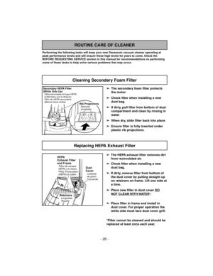 Page 28- 28 -
Replacing HEPA Exhaust Filter
➢
The HEPA exhaust filter removes dirt
from recirculated air.
➢
Check filter when installing a new
dust bag.
➢
If dirty, remove filter from bottom of
the dust cover by pulling straight up
on retainers on frame. Lift one side at
a time.
➢
Place new filter in dust cover DO
NOT CLEAN WITHWATER*.
➢
Place filter in frame and install in
dust cover. For proper operation the
white side must face dust cover grill.
*Filter cannot be cleaned and should be
replaced at least once...