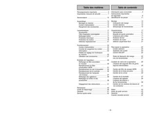 Page 9- 9 -
- 44 -
Tabla de contenido
Table des matières
Información para consumidor   . . . . . . . . . . 3
Instrucciones importantes 
de seguridad  . . . . . . . . . . . . . . . . . . . . . . 6
Identificación de piezas   . . . . . . . . . . . . . 11
Montaje  . . . . . . . . . . . . . . . . . . . . . . . . . 13
Colocación del mango   . . . . . . . . . . . . 13
Cordón eléctrico   . . . . . . . . . . . . . . . . 13
Almacenaje de herramientas  . . . . . . . . 15
Características  . . . . . . . . . . . . . . . . ....