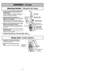 Page 8- 8 -
Power Cord / 
Cordón eléctrico
➢
➢
Wrap power cord around cord hooks
Envuelva el cordón eléctrico alrededor de
los ganchos de cordón
➢ ➢
Secure retainer (plug head) to power
cord
Asegure la clavija en el cordón eléctrico
Power Cord
Cordón
electrico
Cord Hooks
Sujetadors
del cordón
Retainer
(Plug Head)
Clavija
➢ ➢
Line up holes in telescopic handle with back
of vacuum cleaner, and insert handle into
handle opening
Alinee los agujeros en el mango telescópico con
la parte de atrás de la aspiradora, é...