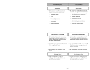 Page 17- 17 - - 36-
Caractéristiques
Tête d’aspiration autoréglable
➢
➢
Cette caractéristique facilite le
nettoyage de moquettes le long des
plinthes ou des meubles.
Nettoyage latéralAccessoires
➢
➢
Cet aspirateur-balai Panasonic est
équipé des accessoires suivants :
Tube avec sallies
Tube
Brosse à épousseter
Suceur plat
Porte-accessoires
➢ ➢
Cet aspirateur Panasonic incorpore un
dispositif qui règle automatiquement la
hauteur de la brosse selon la longueur
des fibres de la moquette.
➢ ➢
L’aspirateur peut...