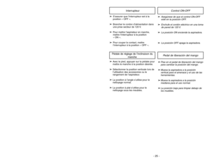 Page 25- 25 - - 28 -
➢
➢
S’assurer que l’interrupteur est à la
position « OFF ».
➢ ➢
Brancher le cordon d’alimentation dans
une prise secteur de 120 V.
➢ ➢
Pour mettre l’aspirateur en marche,
mettre l’interrupteur à la position 
« ON ».
➢ ➢
Pour couper le contact, mettre
l’interrupteur à la position « OFF ».
Interrupteur
➢
➢
Avec le pied, appuyer sur la pédale pour
mettre le manche à la position désirée.
➢ ➢
Sélectionner la position verticale lors de
l’utilisation des accessoires ou le
rangement de...