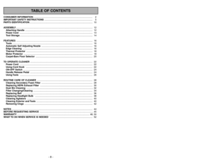 Page 8- 8 -
TABLE OF CONTENTS
- 45 -
CONSUMER INFORMATION............................................................................................... 2
IMPORTANT SAFETY INSTRUCTIONS ............................................................................. 5
PARTS IDENTIFICATION..................................................................................................... 10...