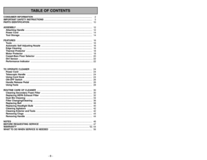 Page 8- 8 -
TABLE OF CONTENTS
- 49 -
CONSUMER INFORMATION............................................................................................... 2
IMPORTANT SAFETY INSTRUCTIONS ............................................................................. 5
PARTS IDENTIFICATION..................................................................................................... 10...