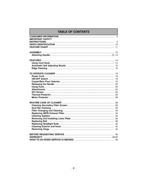 Page 8TABLE OF CONTENTS
CONSUMER INFORMATION.......................................................................................... 2
IMPORTANT SAFETY 
INSTRUCTIONS............................................................................................................... 5
PARTS IDENTIFICATION................................................................................................ 10
FEATURE...