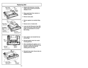 Page 44- 17 -
Boquilla de ajuste automático
Tête d’aspiration autoréglable
➢La boquilla de su aspiradora vertical
Panasonic se ajusta automáticamente
a la altura de cualquier pelo de
alfombra.
➢La característica permite que la
boquilla flote fácilmente en las
superficies del pelo de alfombra.
➢No se requieren los ajustes manuales.
➢Cet aspirateur Panasonic incorpore un
dispositif qui règle automatiquement la
hauteur des brosses selon la longueur
des fibres de la moquette.
➢L’aspirateur peut donc passer...