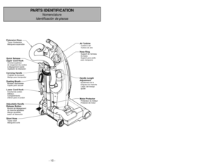Page 10- 10 -
PARTS IDENTIFICATION
Nomenclature
Identificación de piezas
- 55 -
Extension Hose
Quick Release
Upper Cord Hook
Carrying Handle
Dusting Brush
Lower Cord Hook
Adjustable Handle
Release ButtonTuyau d’extension
Crochet supérieur
de rangement du cordon
à dégagement rapide
Poignée de transport
Brosse à épousseter
Crochet de cordon
inférieur
Bouton de dégagement
du manche ajustable Manguera expansible
Sujetador de liberación
Mango para transportar
Cepillo para sacudir
Compartimiento
inferior para el...