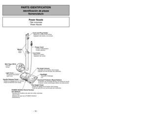 Page 10Belt (Type CB-5)Courroie
CorreaLight CoverCouvercle de la lampe
Light Cover
POWER NOZZLE Serial Number
(On Bottom)Numéros de modèle et de série de la tête motorisée(Sous le fond)Números de serie de la POWER NOZZLE
(Parteinferior)
Handle Release PedalPedal de liberación del mango Pédale de dégagement du manche
Pile Height PedalPédale de réglage de la hauteur des brosses
Pedal de selección de nivel de pelo de la alfombraPile Height Indicator
Indicateur de la hauteur des brosses
Indicator de nivel de pelo...