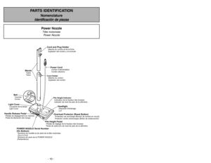 Page 10BeltCourroie
Correa
Light CoverCouvercle de la lampe
Light Cover
POWER NOZZLE Serial Number
(On Bottom)Numéros de modèle et de série de la tête motorisée(Sous le fond)Números de serie de la POWER NOZZLE
(Parteinferior)
Handle Release PedalPedal de liberación del mango Pédale de dégagement du manche
Pile Height PedalPédale de réglage de la hauteur des brosses
Pedal de selección de nivel de pelo de la alfombraPile Height Indicator
Indicateur de la hauteur des brosses
Indicator de nivel de pelo de la...