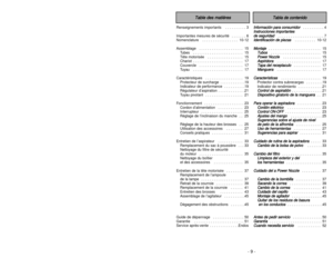 Page 9- 9 -
- 48 -
Renseignements importants   . . . . . . . . . . 3
Importantes mesures de sécurité   . . . . . . . 6
Nomenclature  . . . . . . . . . . . . . . . . . 10-12
Assemblage   . . . . . . . . . . . . . . . . . . . . . 15
Tubes   . . . . . . . . . . . . . . . . . . . . . . . . 15
Tête motorisée   . . . . . . . . . . . . . . . . . 15
Chariot  . . . . . . . . . . . . . . . . . . . . . . . . 17
Couvercle   . . . . . . . . . . . . . . . . . . . . . 17
Tuyau   . . . . . . . . . . . . . . . . . . . . . . ....