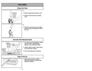 Page 14- 14 -
1)
➢ ➢
Detach plug head from power cord.
➢ ➢
Rotate cord hook down to release
cord.
Cord HookSujetador
del cordón Crochet de
rangement
du cordon
2)
➢ ➢
Return the cord hook to the upright
position before attempting to rewind
the cord.
Using Cord HookFEATURES
Automatic Self Adjusting Nozzle
➢ ➢
The nozzle of your Panasonic upright
vacuum cleaner automatically
adjusts to any carpet pile height.
➢ ➢
Feature allows nozzle to float evenly
over carpet pile surfaces.
➢ ➢
No manual adjustments required....