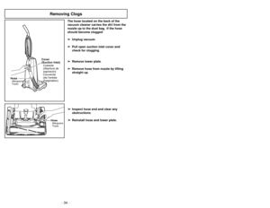 Page 34- 11 -
The hose located on the back of the
vacuum cleaner carries the dirt from the
nozzle up to the dust bag. If the hose
should become clogged:
➢ ➢
Unplug vacuum.
➢ ➢
Pull open suction inlet cover and
check for clogging.
➢ ➢
Remove lower plate.
➢ ➢
Remove hose from nozzle by lifting
straight up.
➢ ➢
Inspect hose end and clear any
obstructions.
➢ ➢
Reinstall hose and lower plate.
HoseManguera
Tuyau
Cover
(Suction Inlet)
Couvercle
(de l’entrée
daspiration) Cubierta
(Abertura de
aspiracón)
+
HoseManguera...